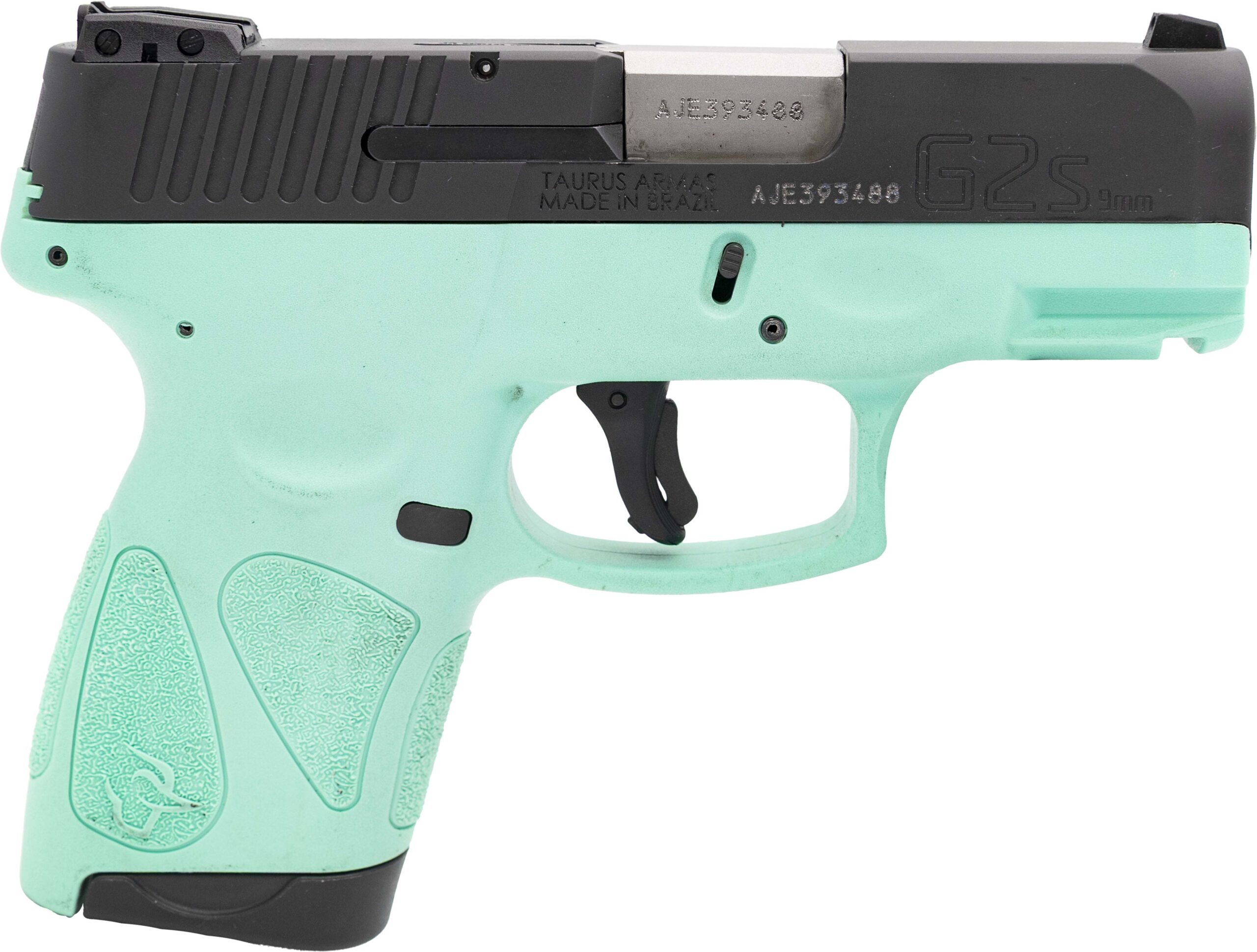 Close-up of a turquoise Taurus semi-automatic pistol
