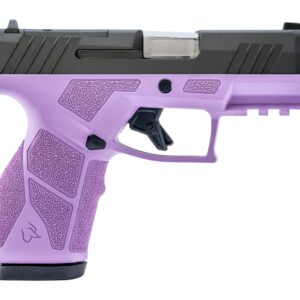 Purple and black semi-automatic pistol close-up