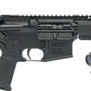 Black AR-style rifle with compact red-dot optic