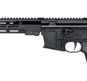 Black AR-style rifle with folded stock on white background