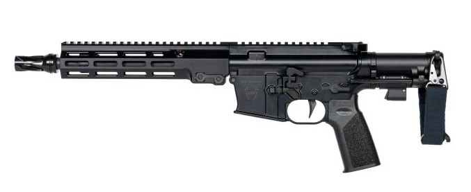 Black AR-style rifle with folded stock on white background