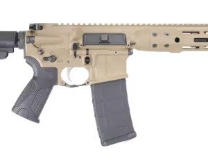 Tan and black AR-style rifle on white background