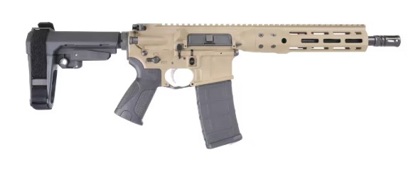 Tan and black AR-style rifle on white background