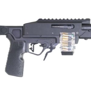 Black semi-automatic firearm with folding brace and magazine