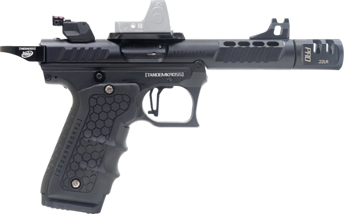 Black TandemKross .22LR competition pistol with red-dot sight