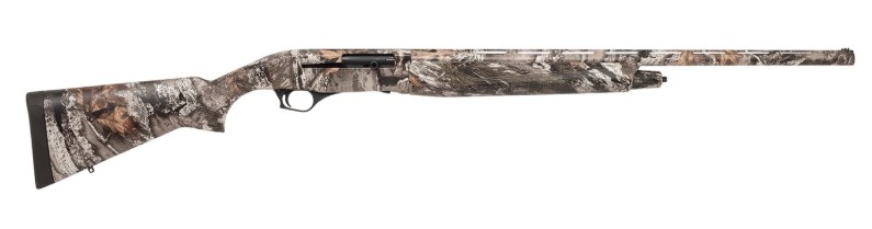 Camouflage-patterned semi-automatic shotgun on white background