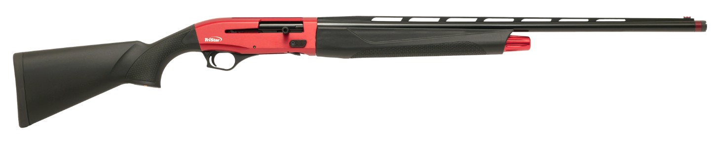 Red and black semi-automatic shotgun on white background