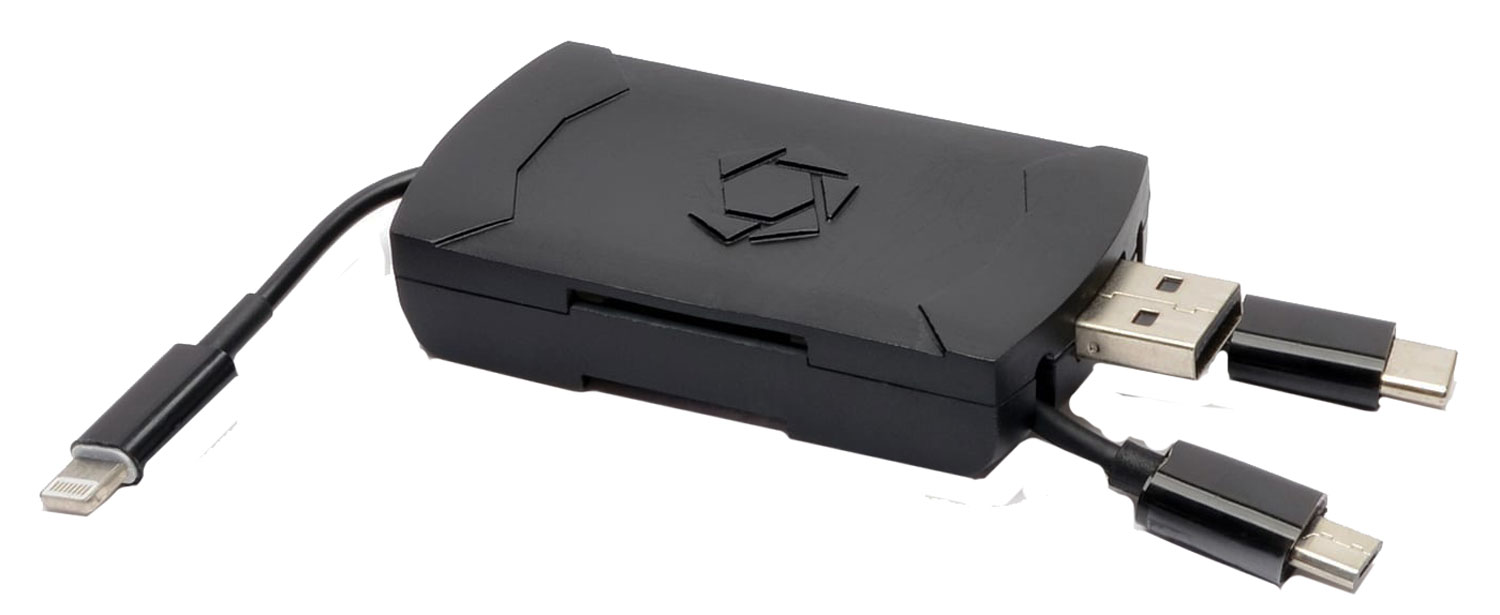 Black multiport USB hub with Lightning and USB-C connectors