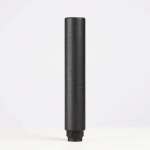 Black cylindrical firearm suppressor on white background