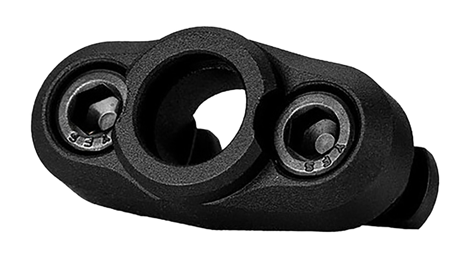 Black metal clamp bracket with two hex bolts