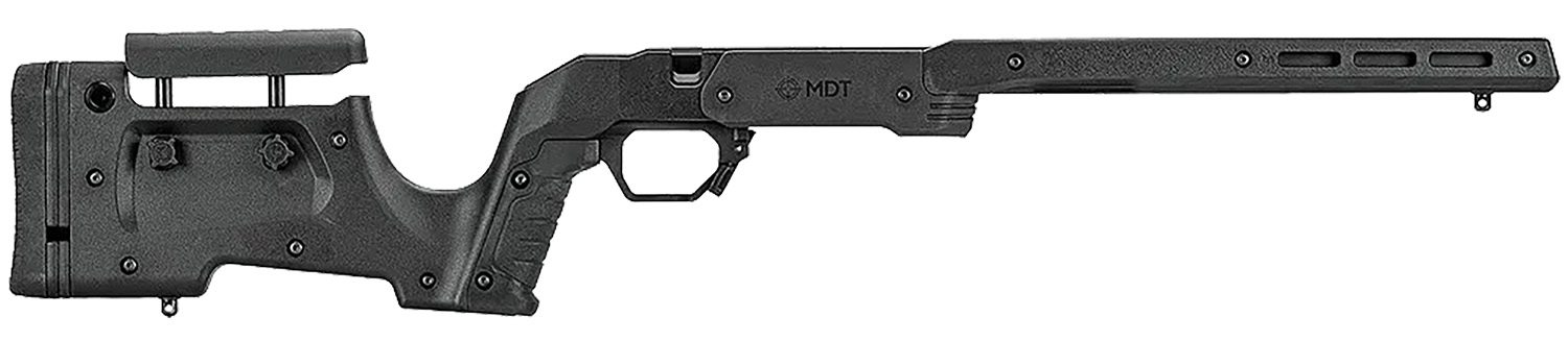 Black MDT adjustable rifle chassis stock with cheek rest
