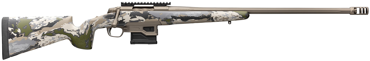 Camouflage-pattern bolt-action rifle with scope rail and muzzle brake