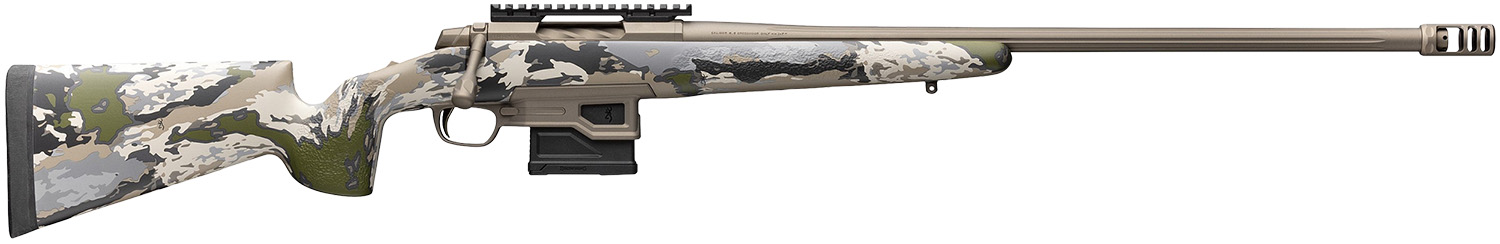 Camouflage bolt-action rifle with long barrel and muzzle brake