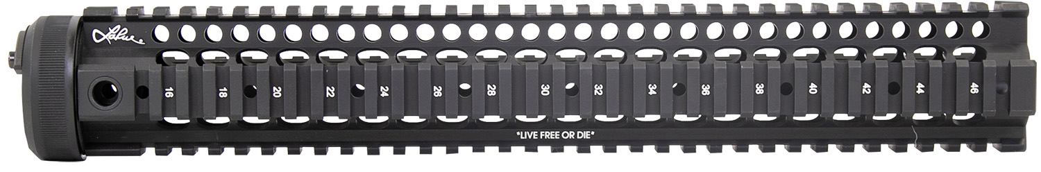 Black rifle handguard with numbered Picatinny rail slots