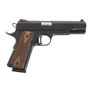 Black 1911-style handgun with textured wooden grip panels