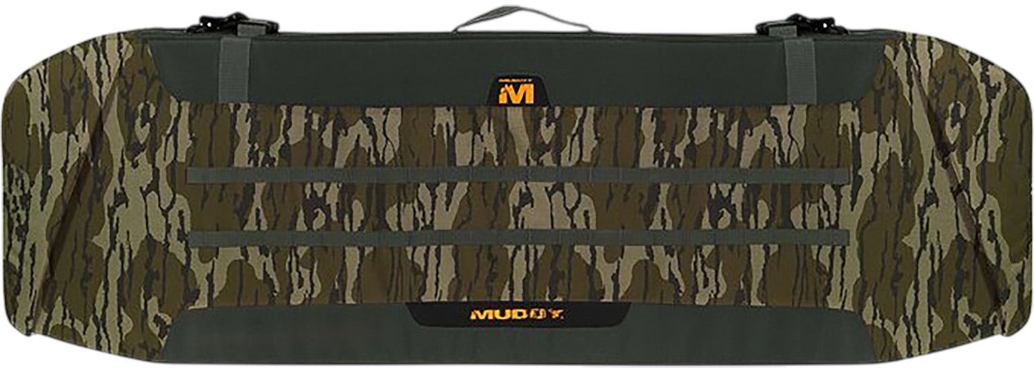 Camouflage-patterned padded gear case with straps and carry handle