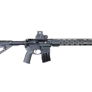 Black AR-style rifle with optic on white background
