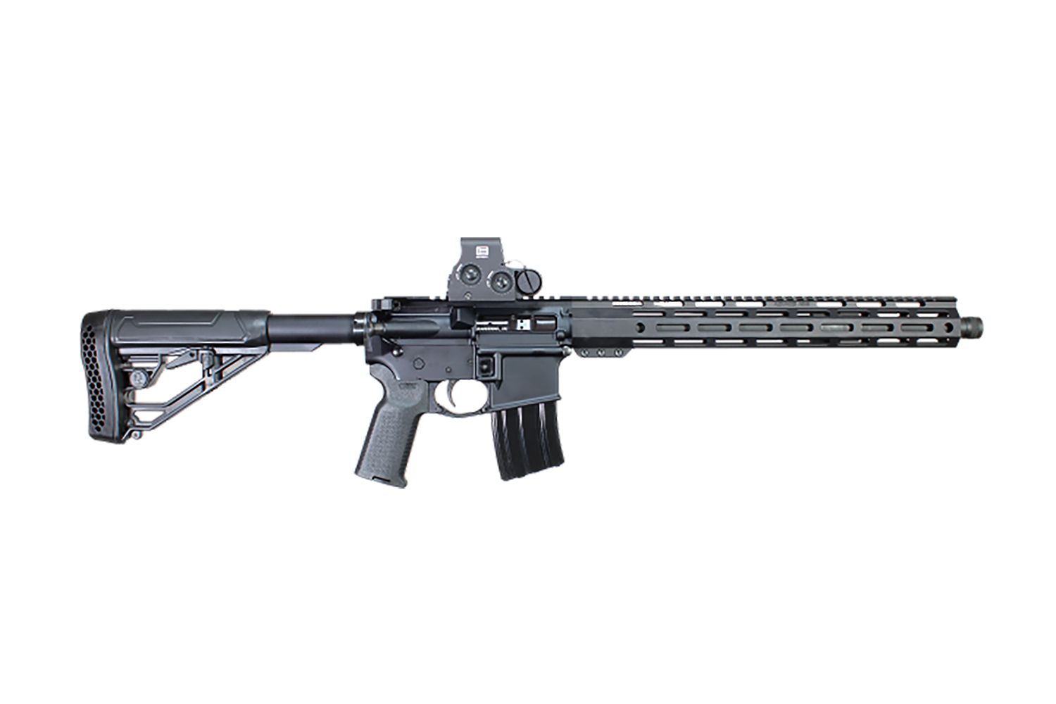 Black AR-style rifle with optic on white background