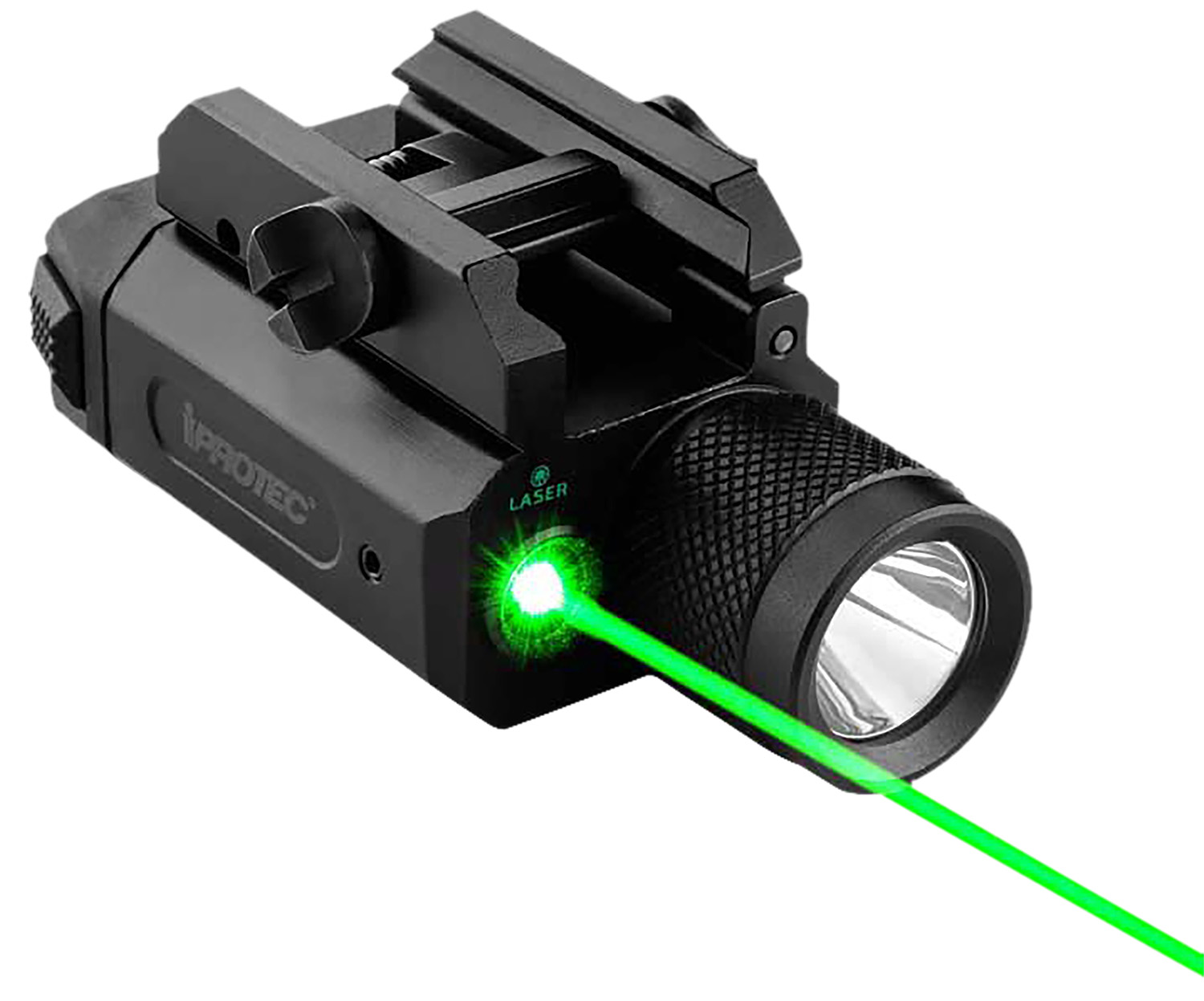Black rail-mounted flashlight with green laser beam