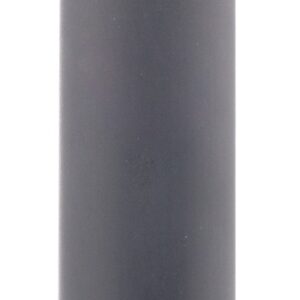 Matte black cylindrical firearm suppressor with engraved markings