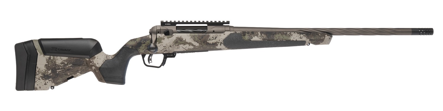 Camouflage bolt-action rifle with long threaded barrel