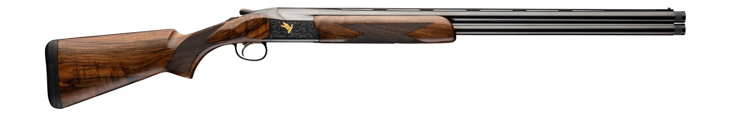 Side view of engraved over-under double-barrel shotgun