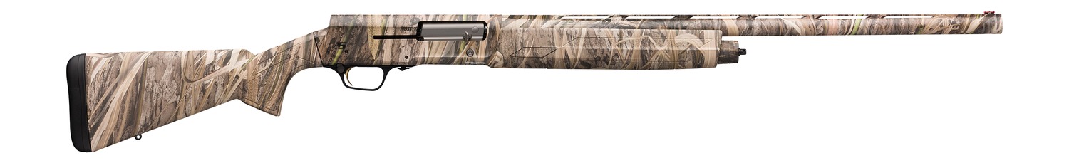 Camouflage-patterned semi-automatic shotgun shown in side profile