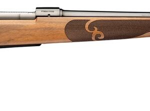 Wood-stock bolt-action rifle with long black barrel