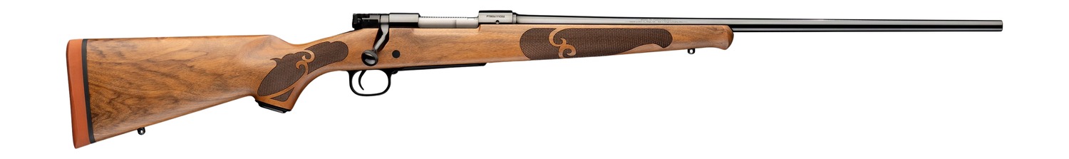 Wood-stock bolt-action rifle with long black barrel
