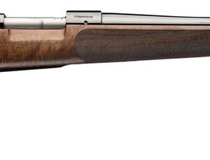 Side view of a wood-stock bolt-action rifle