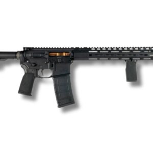 Black AR-style semi-automatic rifle with magazine and adjustable stock