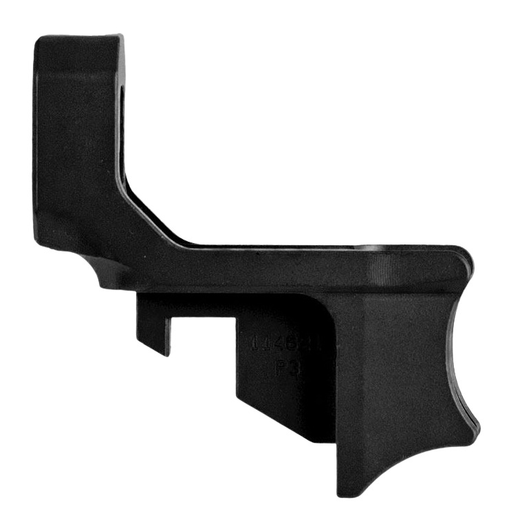 Black molded plastic mounting bracket isolated on white background