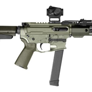 Olive green compact rifle with optic, flashlight, and brace