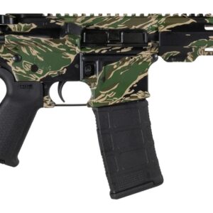 Camouflage-patterned AR-style rifle with black pistol brace