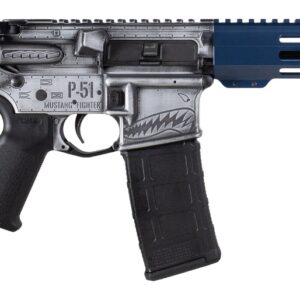 Customized AR-style rifle with blue handguard and gold brace