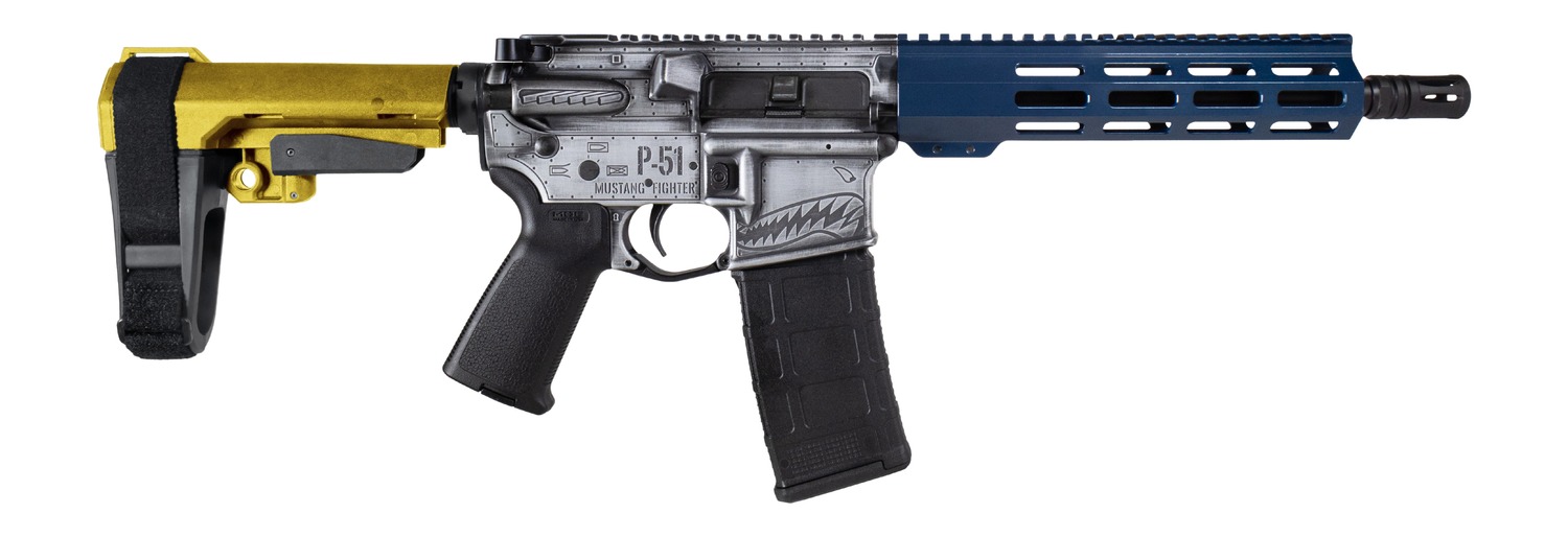 Customized AR-style rifle with blue handguard and gold brace