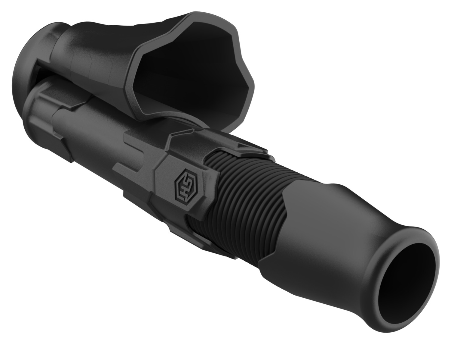 Black tactical firearm accessory with ribbed cylindrical grip