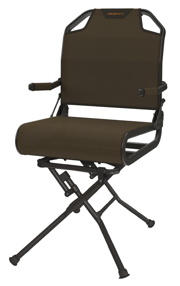 Brown folding camping chair with armrests and crossed legs