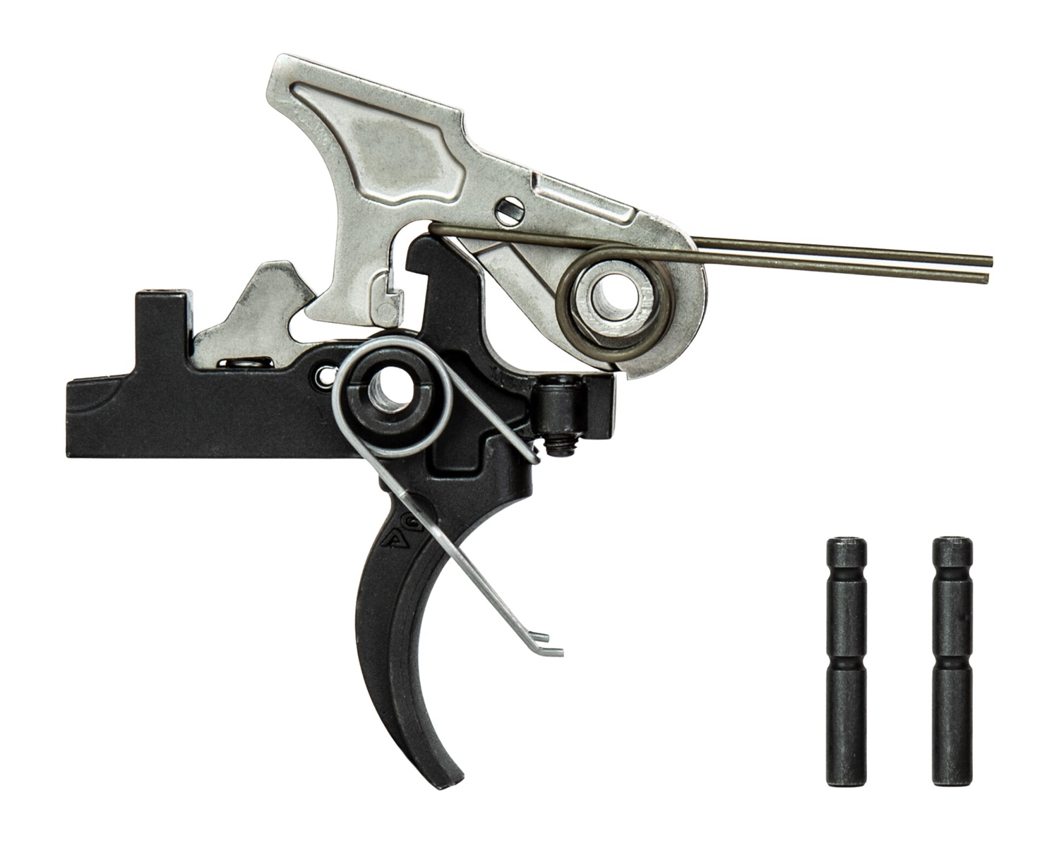 Metal firearm trigger assembly with springs and two pins
