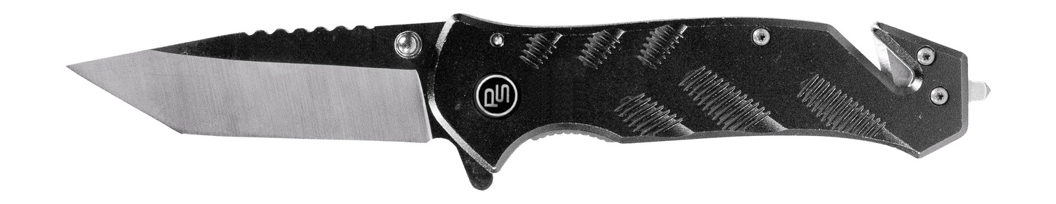 Black folding pocket knife with silver drop-point blade