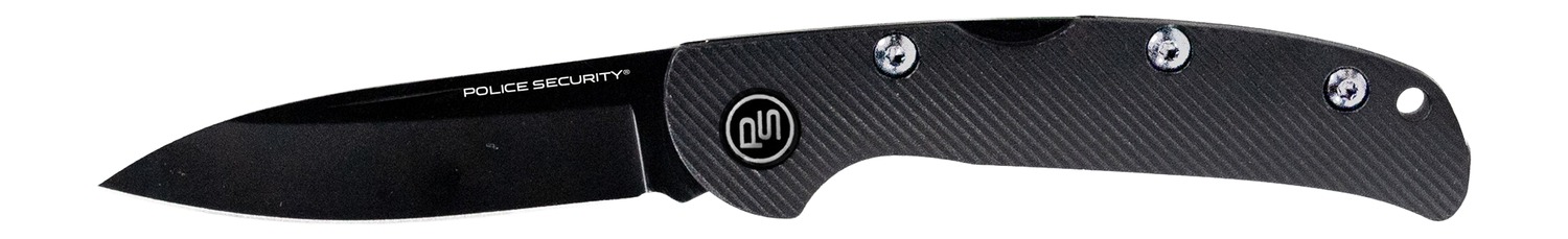 Black folding knife with textured handle and black blade