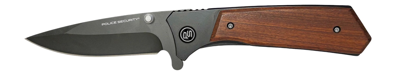 Black folding knife with wooden handle