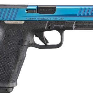 Blue-slide Ruger 9mm semi-automatic pistol, side view