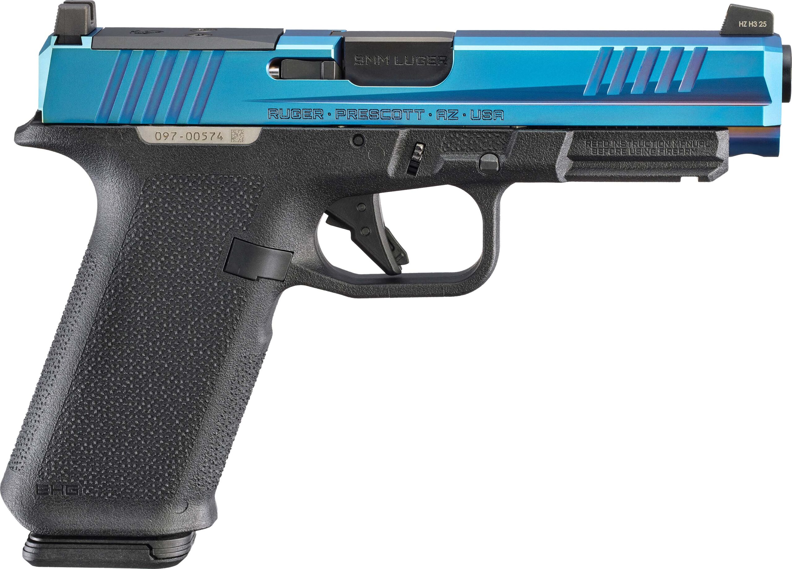 Blue-slide Ruger 9mm semi-automatic pistol, side view
