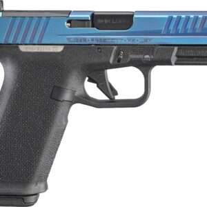 Blue-slide Ruger semi-automatic pistol side view