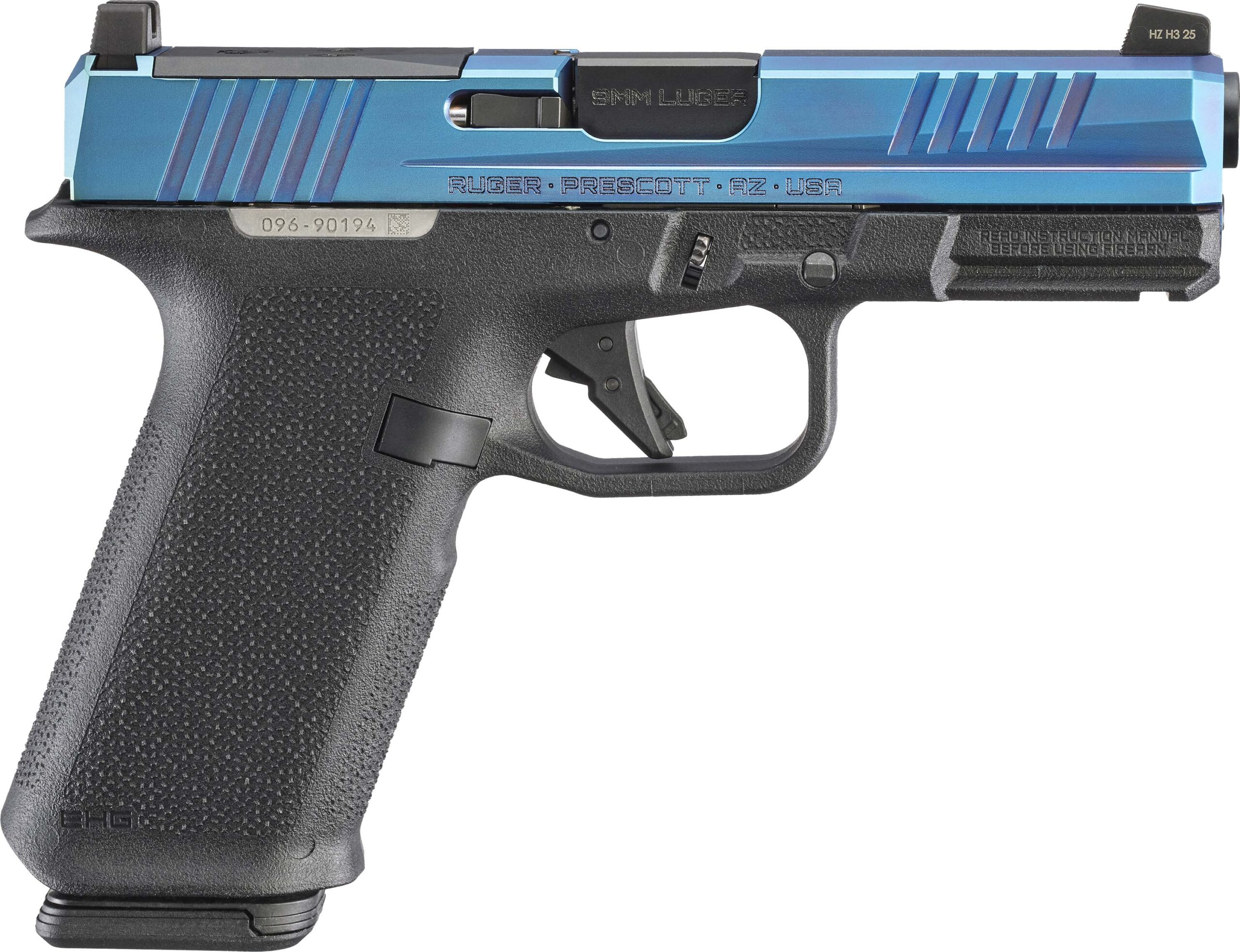 Blue-slide Ruger 9mm semi-automatic pistol on white background