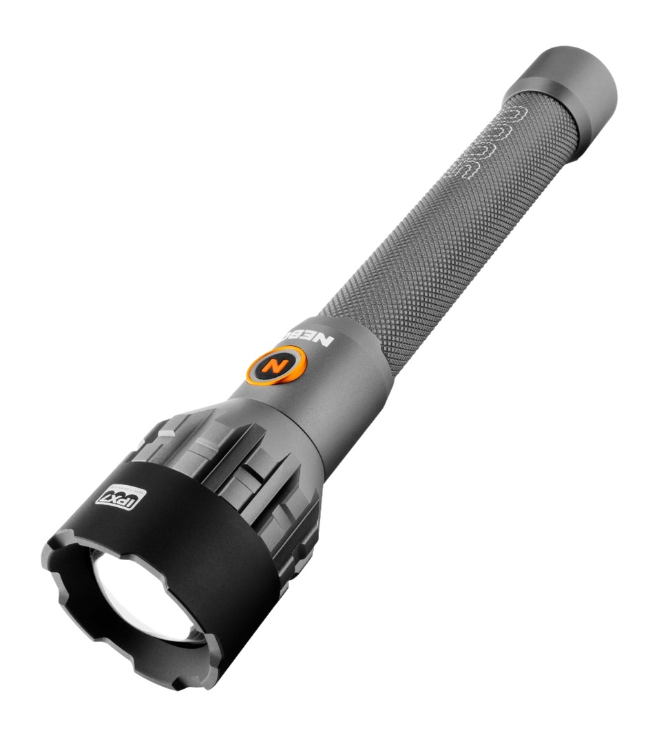 Black tactical flashlight with textured grip and orange button