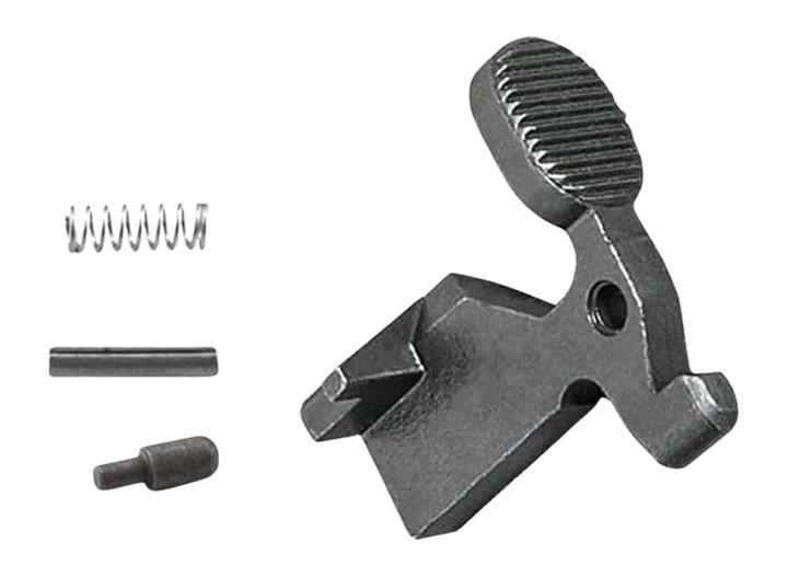 Metal firearm bolt catch assembly with spring and pin