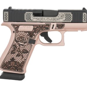 Pink and black engraved Glock-style pistol with floral designs