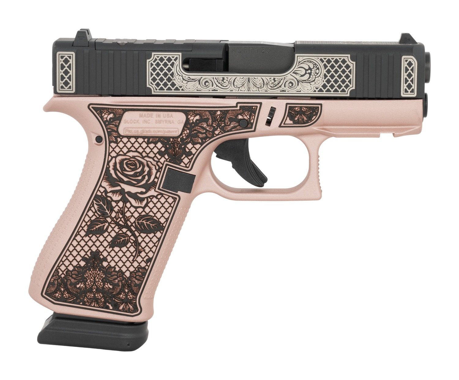 Pink and black engraved Glock-style pistol with floral designs